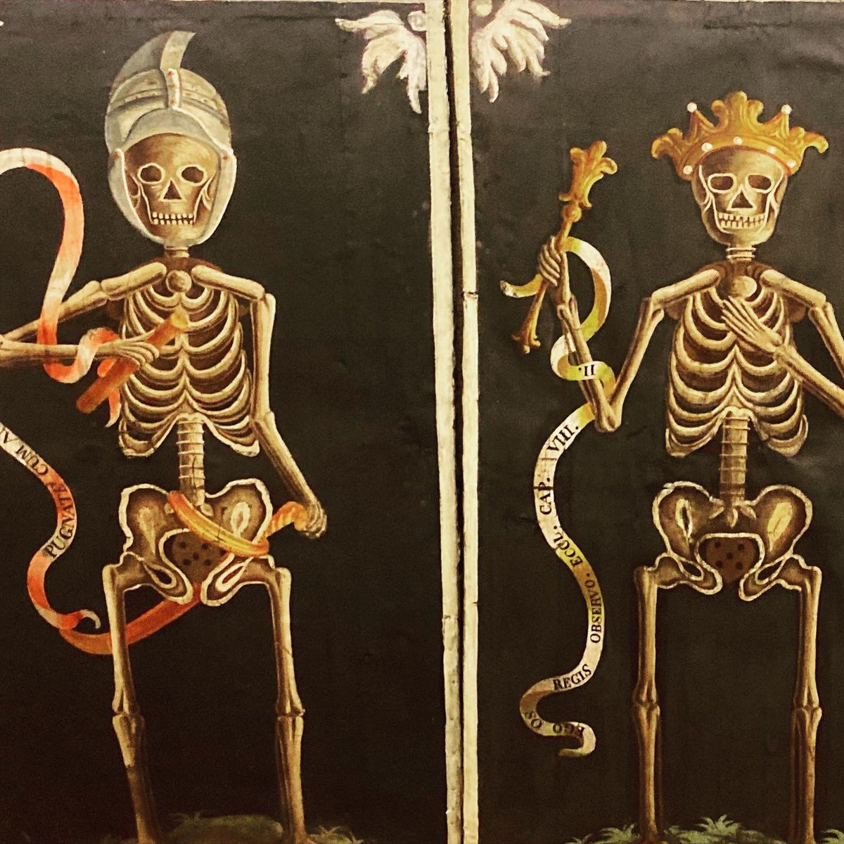 In a museum in the Italian town of Gandino there is a series of 22 panels showing skeletons in various different attire.
