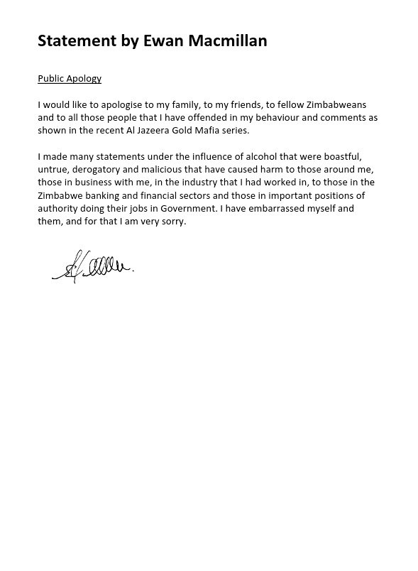 EVER SO SORRY: Gold dealer Ewan Macmillan issues statement saying he has 'embarrassed himself' over statements he made 'under the influence of alcohol' in Al Jazeera's #GoldMafia corruption expose. He says his statements have 'caused harm' to many including political leaders