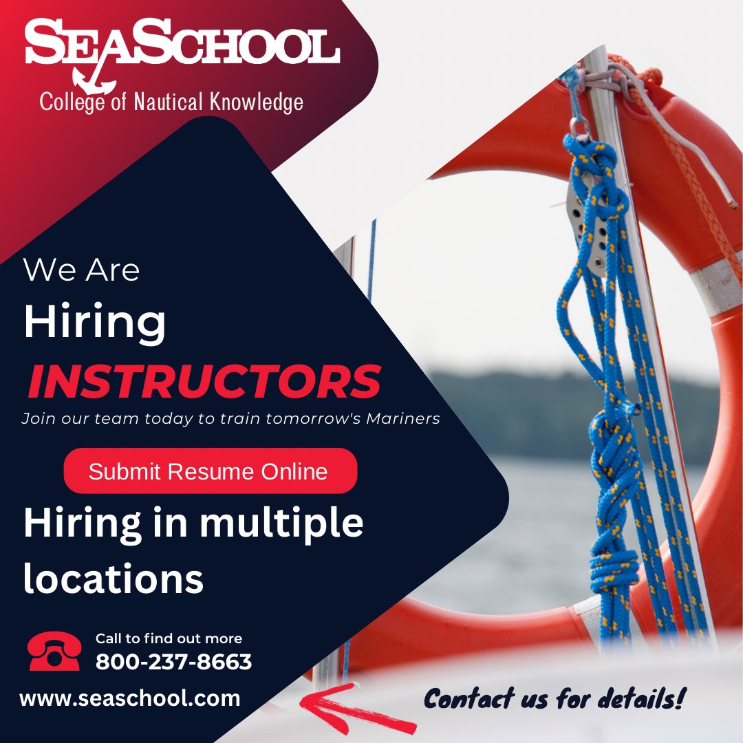 Share your expertise, shape the future. Join our team an instructor at the leading maritime school— Apply today! 

➡️bit.ly/SeaSchool_Care…

#seaschool #maritime #maritimecareers #marinertraining #marinerlife #youmaycallmecaptain