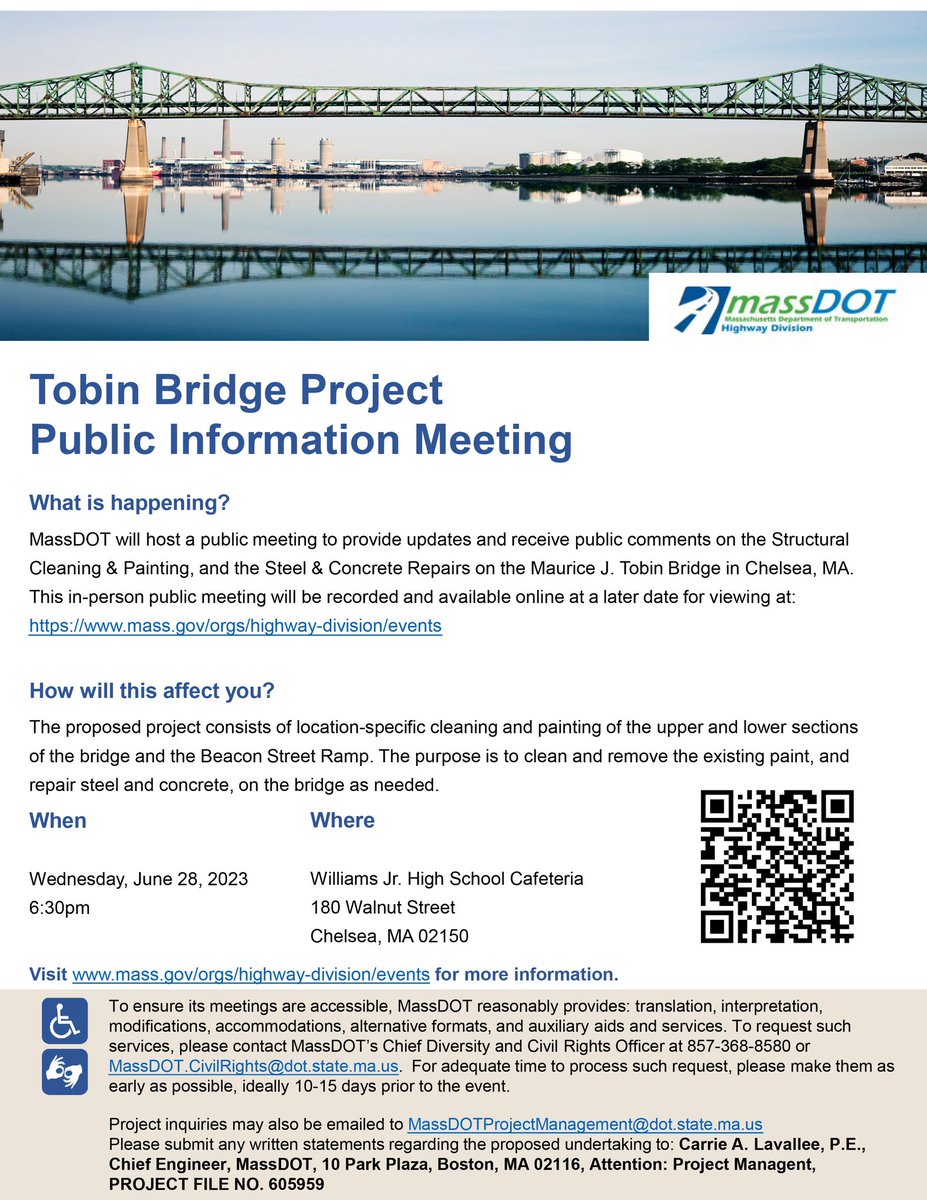 On Wednesday, June 28th, MassDOT will host a public meeting to provide updates and receive public comments on the Structural Cleaning & Painting, and the Steel & Concrete Repairs on the Maurice J. Tobin Bridge. This in-person public meeting will be at the Williams School.