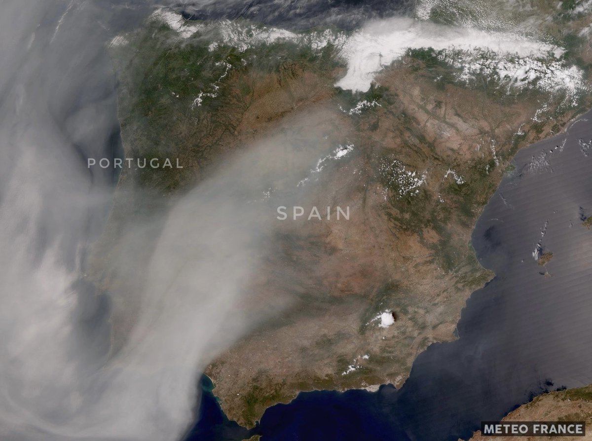 The Iberian Peninsula is experiencing one of the most notable wildfire smoke events in its modern history with Aerosol Index (AI) values exceeding 4 in some locations (AOD values &gt;1). The distance between Quebec, Canada and Spain is around 3,000 miles.