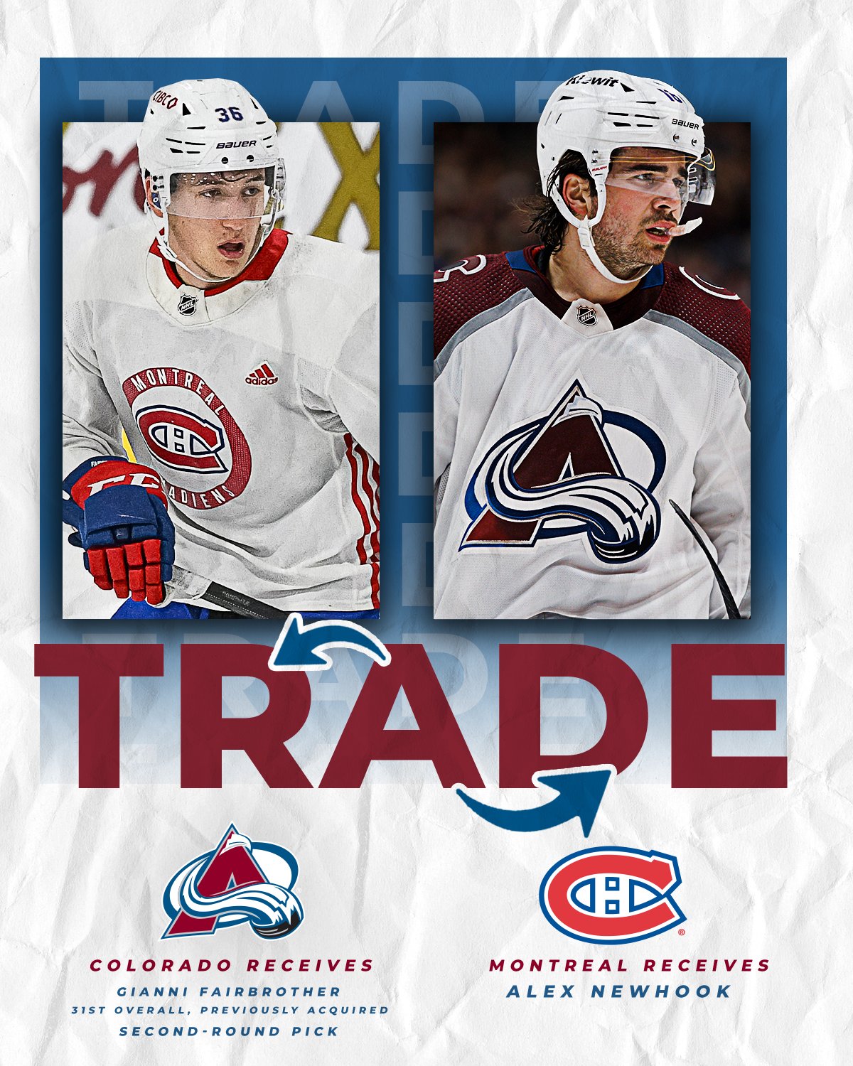 The Canadiens acquire the rights to forward Alex Newhook from the Colorado  Avalanche in exchange for Montreal's 31st (previously acquired from  Florida) and 37th overall picks in 2023 and defenseman Gianni Fairbrother. 