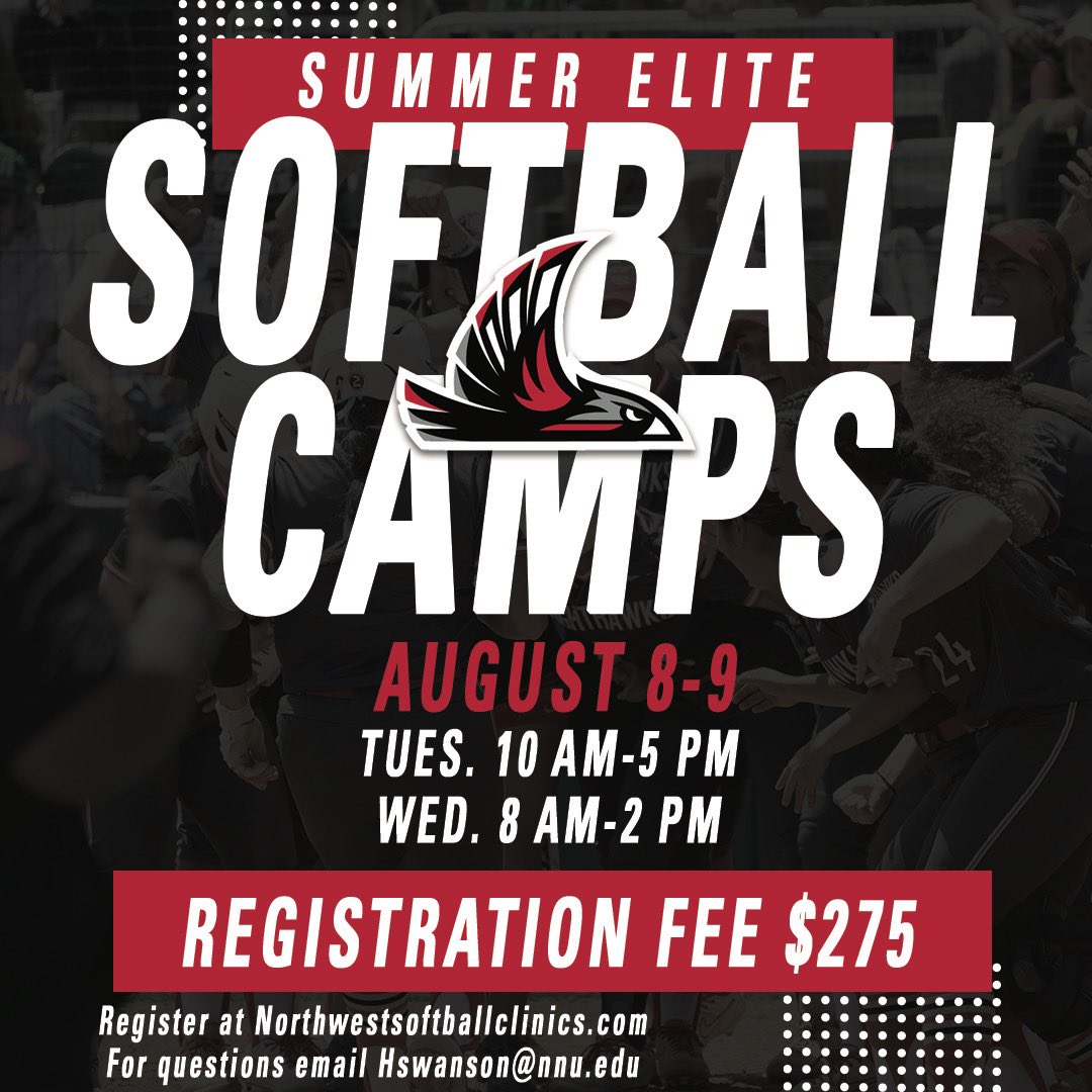 FINAL SUMMER CAMP
AUGUST 8 &amp; 9, 2023
Come work with the 2023 GNAC Champions and see what we’re all about!
*register here: northwestsoftballclinics.com
*space is limited

GO NIGHTHAWKS!