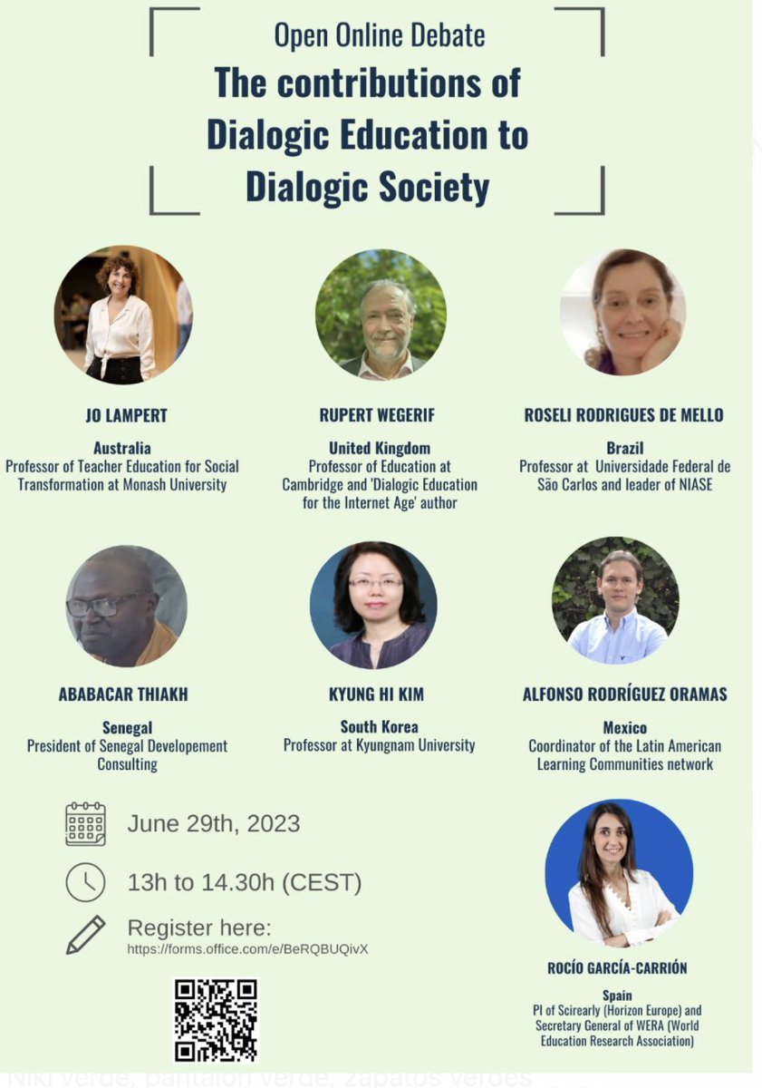 Encantado de participar en este debate público con investigadores/as de tanto nivel académico y humano, provenientes de los 5 continentes. Conversaremos sobre contribuciones de la educación dialógica para construir la #SociedadDialógica. 

Registro aquí: forms.office.com/e/BeRQBUQivX