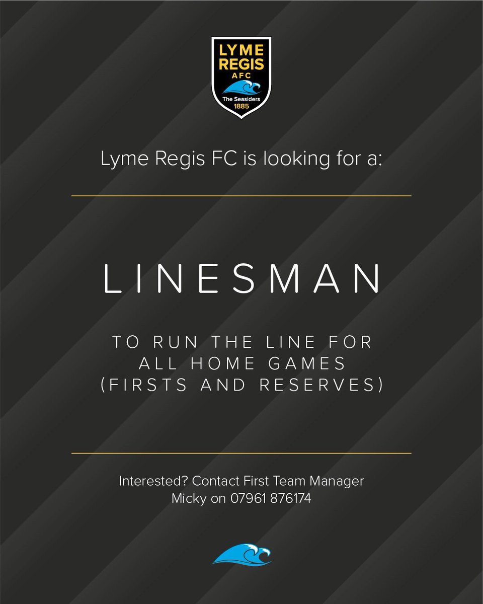 CLUB LINESMAN NEEDED! 🟡⚫️

We are looking for a linesman to run the line for ALL home games (First and Reserves) 

For more information, please contact Micky on 07961 876174

#seasiders #OneClubOneCommunity