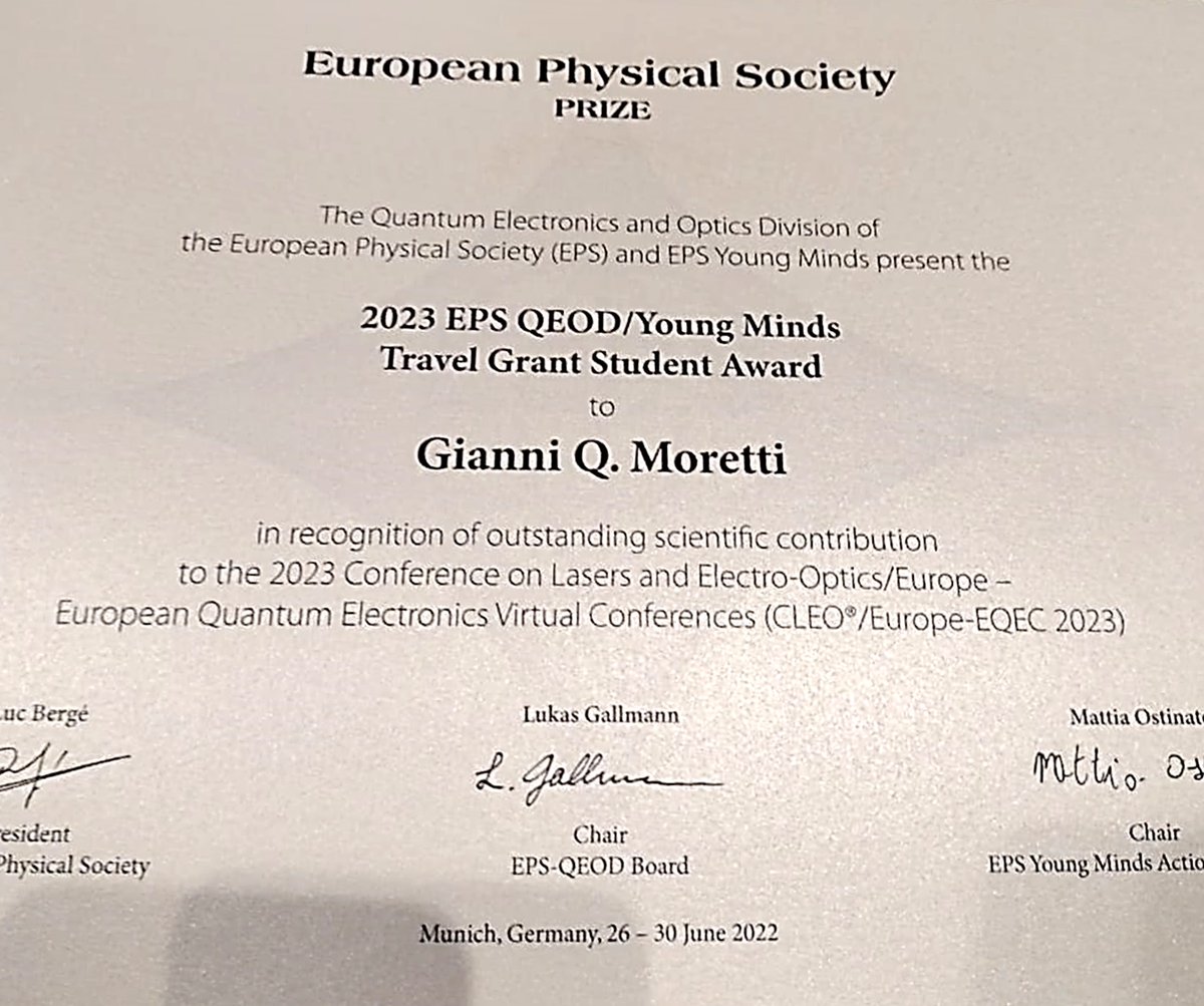 ¡Felicitaciones Gianni Moretti (<a href="/moretti_16/">Gianni</a>)! Becario doctoral del CONICET en <a href="/Fisica_UBA/">Física UBA</a> recibió un premio de la European Physical Society por su contribución científica destacada y presentará su trabajo esta semana en la conferencia CLEO EUROPE 2023. 👏👏👏