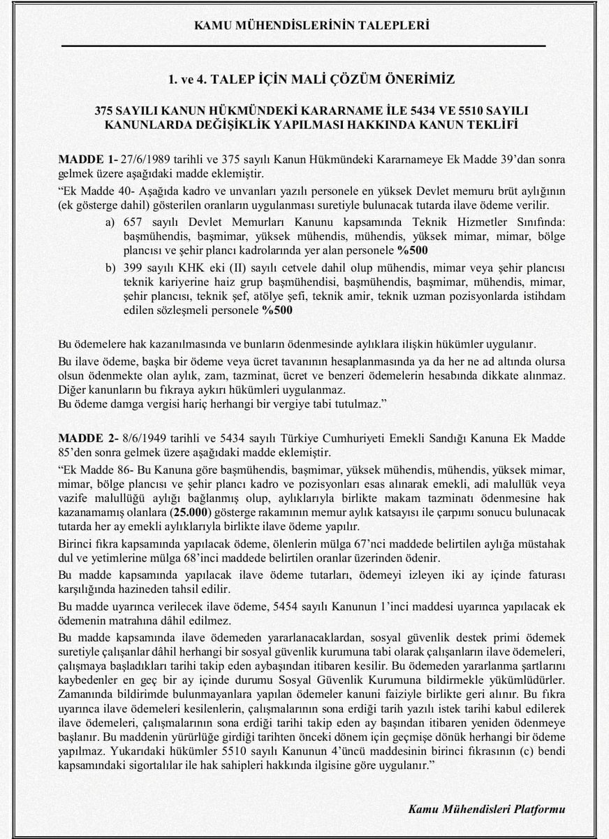 Kamu Mühendisleri olarak #talebimiz

Kamu Mühendislerinin mağduriyetlerinin giderilebilmesi, üstlendikleri görev ve sorumlulukların karşılığının verilmesi ile mesleki gelişimin teşvik edilebilmesi için aşağıda yer alan düzenlemelerin yapılması talep edilmektedir.

1- Kamuda