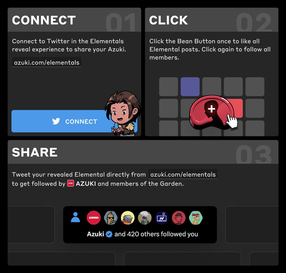 Azuki Elementals can now be revealed and traded: https://t.co/EUO468xrIv •  Connect to Twitter • Tweet your Elemental and get followed by @azuki and  the Garden • One click to ❤️ and follow