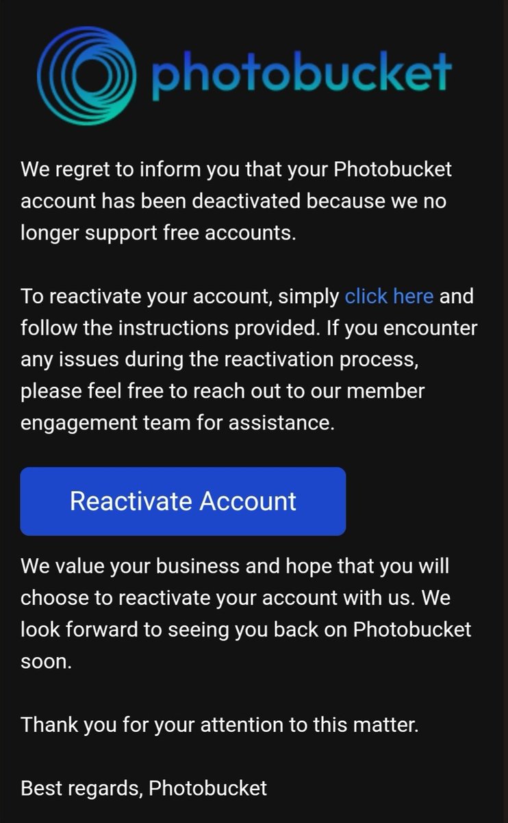 Oh, Photobucket... if I wasn't going to pay you for [apparently] hosting files that don't exist on my PB (because I deleted EVERYTHING to try and fix it), I'm not going to pay to reactivate an empty account. 😂
