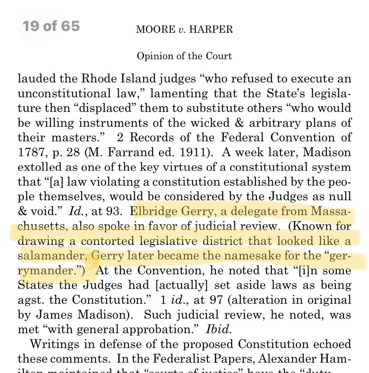 Some clerk had fun digging up an Elbridge Gerry quote in support of the majority decision in a gerrymandering case. Glad to see sanity prevail but a little disturbed that the three most ethically compromised judges would have entertained this far out legal theory. #MooreVHarper