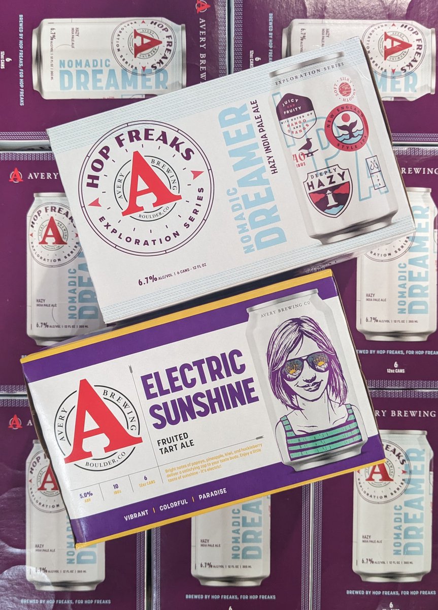 Fresh drops from <a href="/AveryBrewingCo/">Avery Brewing Co.</a>!
Nomadic Dreamer is the latest hazy IPA from the Hop Freaks series and Electric Sunshine is a fruited tart ale featuring papaya, pineapple, kiwi, and huckleberry. 🍻😍🎉

#betterbeerbrigade #bountybev #craftbeer #nashville #averybrewing