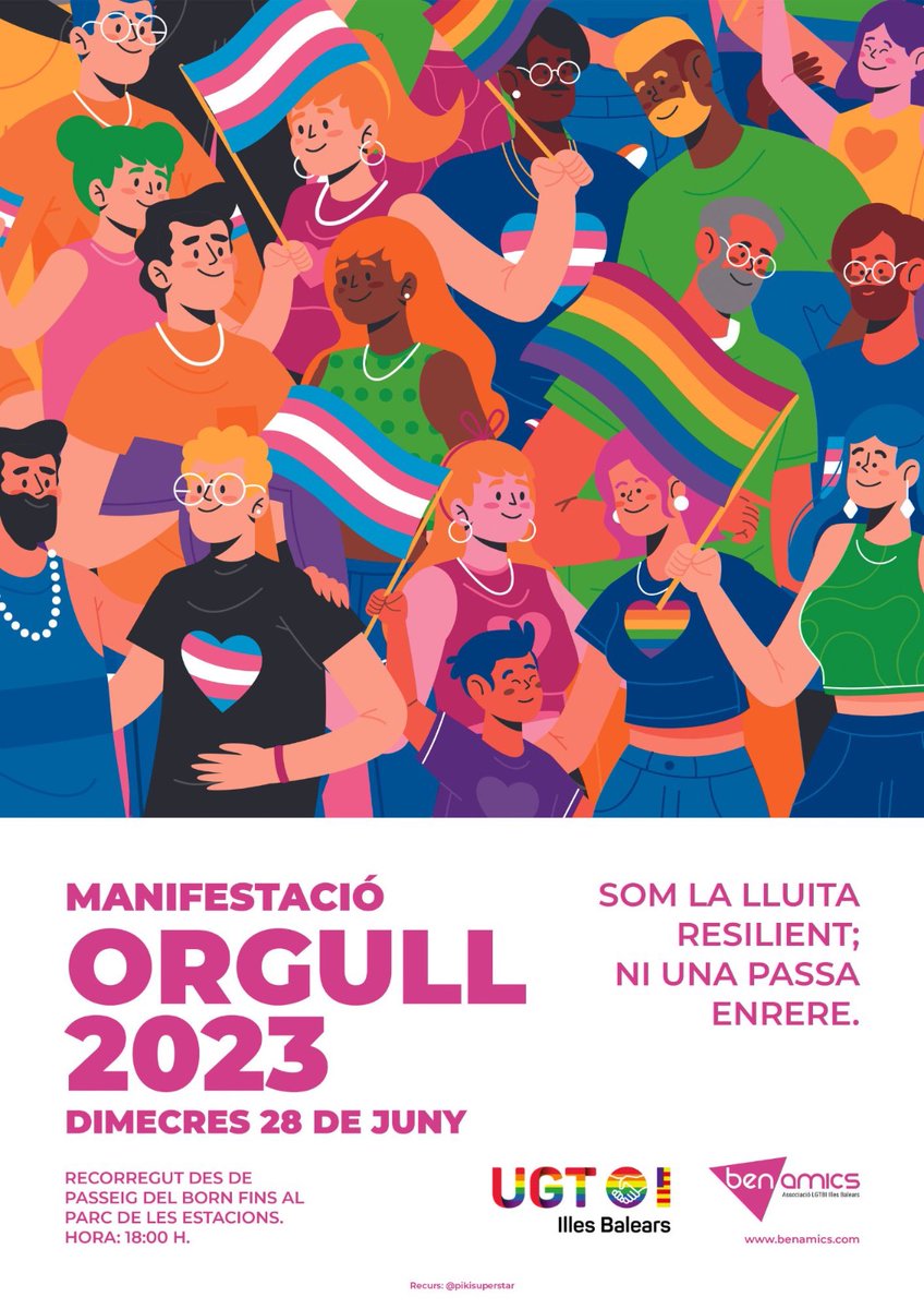 📣 Aquest 28 de juny tornam a sortir als carrers amb molt d'orgull! 🏳️‍🌈

📍La manifestació de Palma serà al Passeig del Born 
🕐A les 18h (trobada socialista: a les 17:55 davant el Cappuccino)

No pots faltar!

#Orgull2023