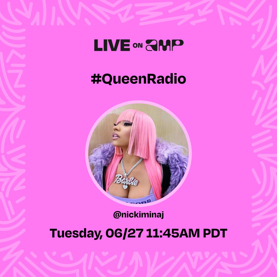 NICKIMINAJ's tweet photo. My show, #QueenRadio, is set to go live on Amp on 6/27 at 11:45 AM PDT. Follow me to listen!
https://t.co/2MjuKpNHUG 15 mins LET’S GO!!!!!!!!! 💖🎀💖🎀🎀💖🎀💖💖🎀💖🎀 https://t.co/12xyqxartZ