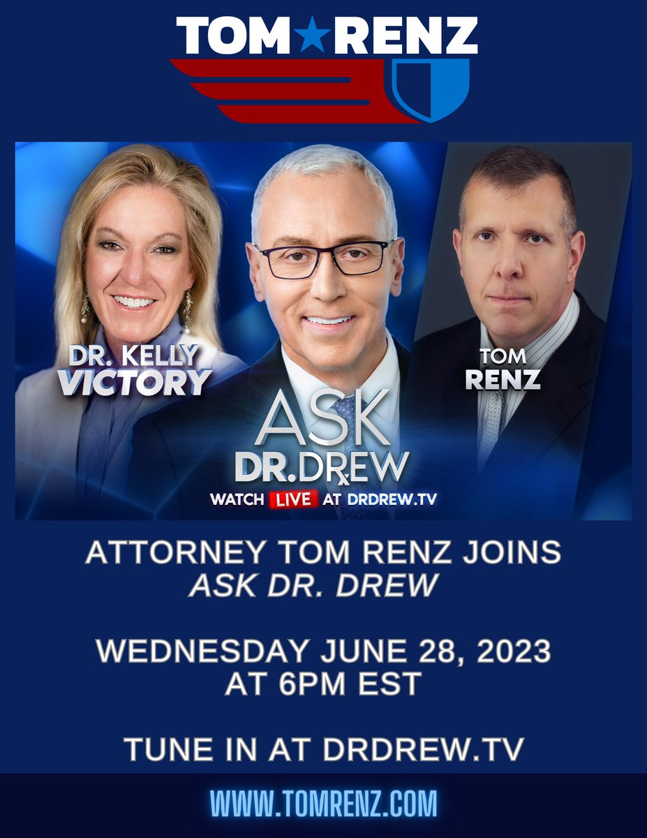 Looking forward to being on @AskDrDrew with @drdrew and @DrKellyVictory tomorrow at 6pm EST. 

Tune in at DrDrew.TV

#MoreLawsuitsComing #InformedConsent #Vaccines #HospitalProtocols #COVID #Truth #Justice #Lawfare #FoodSupply #Fauci #RenzRants @RobertKennedyJr…