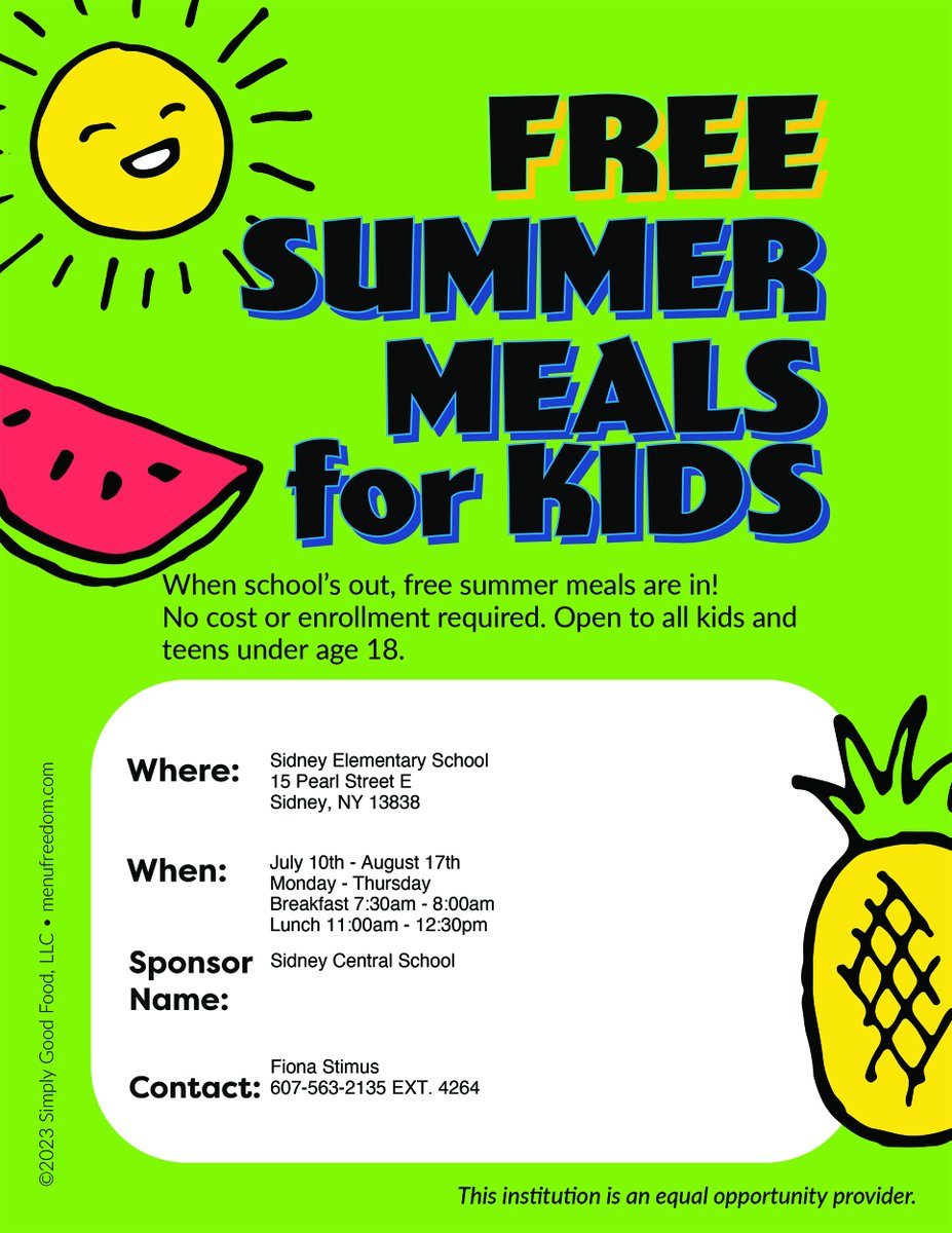 The summer meal program begins Monday, July 10 at Sidney CSD.

Please see the flier for more information.

You can find current menus at: sidneycsd.org/CurrentMenus.a….

#SidneyPRIDE #SidneyCSD