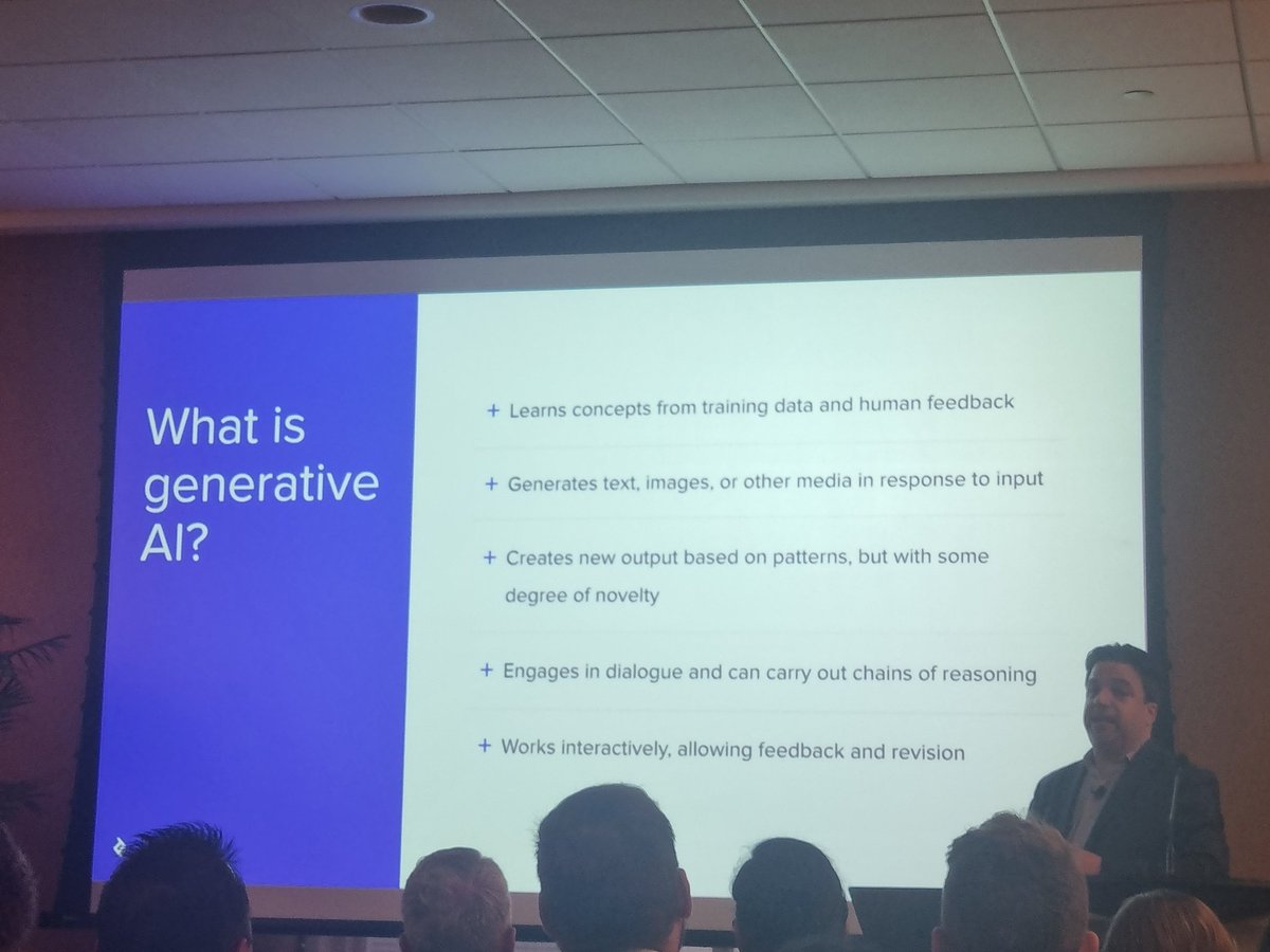 Tweetinggoddess's tweet photo. What is generative AI?
Learning with
@petergoldstein @toptal
#toptalpartner
#Collision2023
#CollisionConf
1. Learns concepts from training data and human feedback
2. Generates text, images or media in response to input
3. Creates new output based on patterns, but with some degree of novelty
4. Engages in dialogue and can carry out chains of reasoning
5. Works interactively, allowing feedback and revision