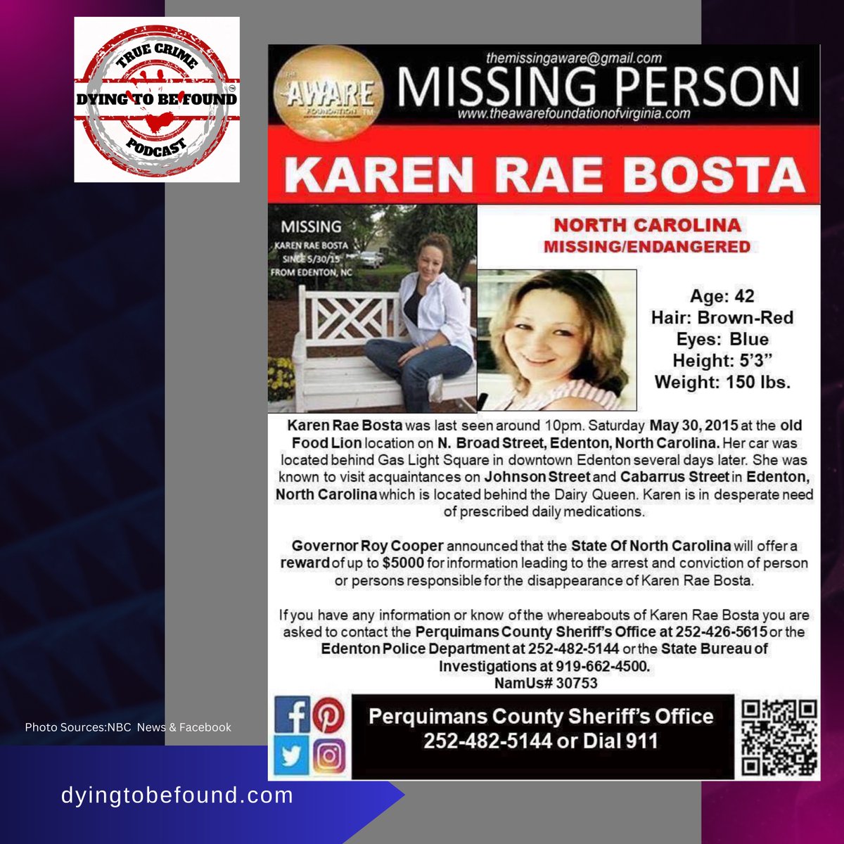 Dying2BFound's tweet photo. Help bring #karenbosta home @dying2bfound #true #truecrime #truecrimepodcast   #podcaster #podcastlife #documentary #unsolved #unsolvedmysteries #unsolvedmystery #edenton #edentonnc #hertford #hertfordnc #elizabethcity #elizabethcitync https://t.co/Sct4vlK1NZ