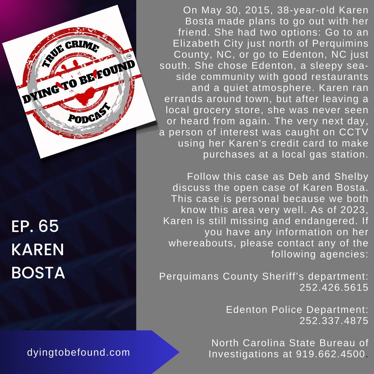 Help bring #karenbosta home @dying2bfound #true #truecrime #truecrimepodcast   #podcaster #podcastlife #documentary #unsolved #unsolvedmysteries #unsolvedmystery #edenton #edentonnc #hertford #hertfordnc #elizabethcity #elizabethcitync