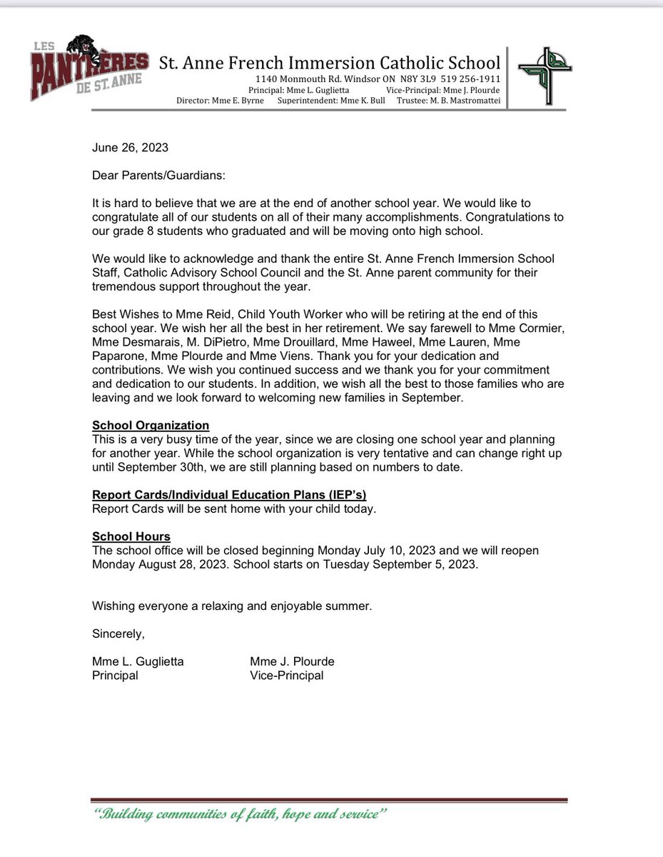 Please see the following letter from administration.