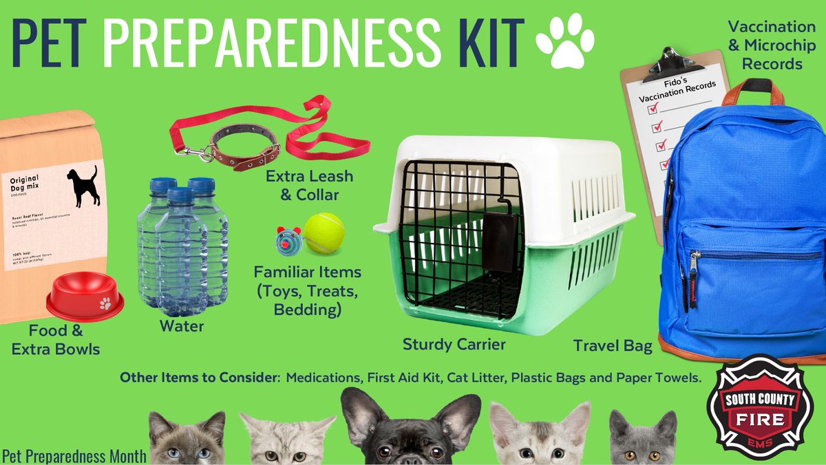 June is #PetPreparednessMonth.

When planning your disaster and emergency plan, don’t forget to include supplies for your pets like food, water, medication, a leash, and more to your emergency kits. 

Learn more at: ready.gov/pets.