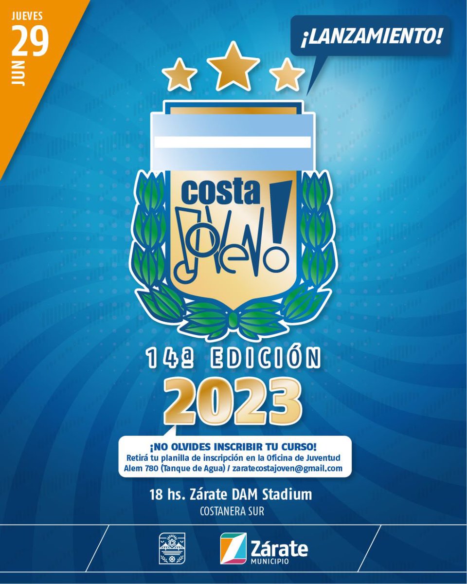 MuniZARATE's tweet photo. #Juventud 🤙🏼 | #CostaJoven2023 ⭐️ ¡Se acabó la espera! 🥳 ¡Comienza la 14ta. edición! 🥰

👥 Retirá tu planilla de inscripción por la oficina de @juventudzarate ubicada en Alem 780 https://t.co/w41MzD61Nt