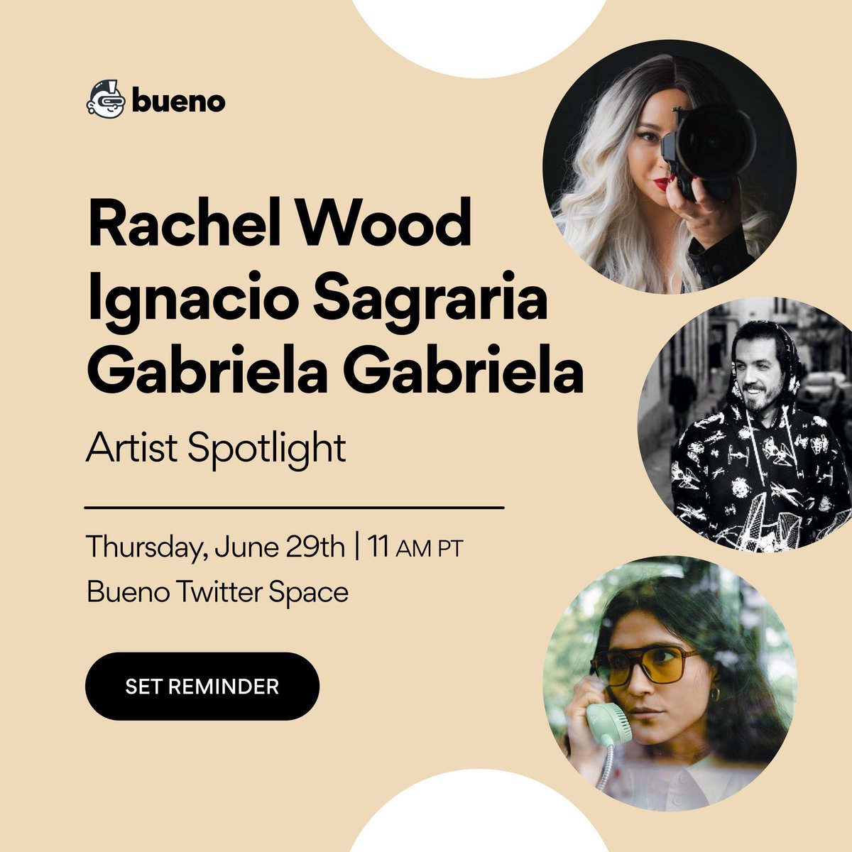 Join us on Thursday at 11 am PT for an exciting chat featuring talented creatives using Bueno Drops!

🪴 <a href="/RachelSTWood/">Rachel Suzanne Tien Wood</a> 
👾 <a href="/CGIgnacio_/">CGIgnacio</a> 
✨ <a href="/gabrielafotoo/">Gabriela Gabrielaa.eth</a> 

🔗Set a reminder: x.com/i/spaces/1mrGm…
