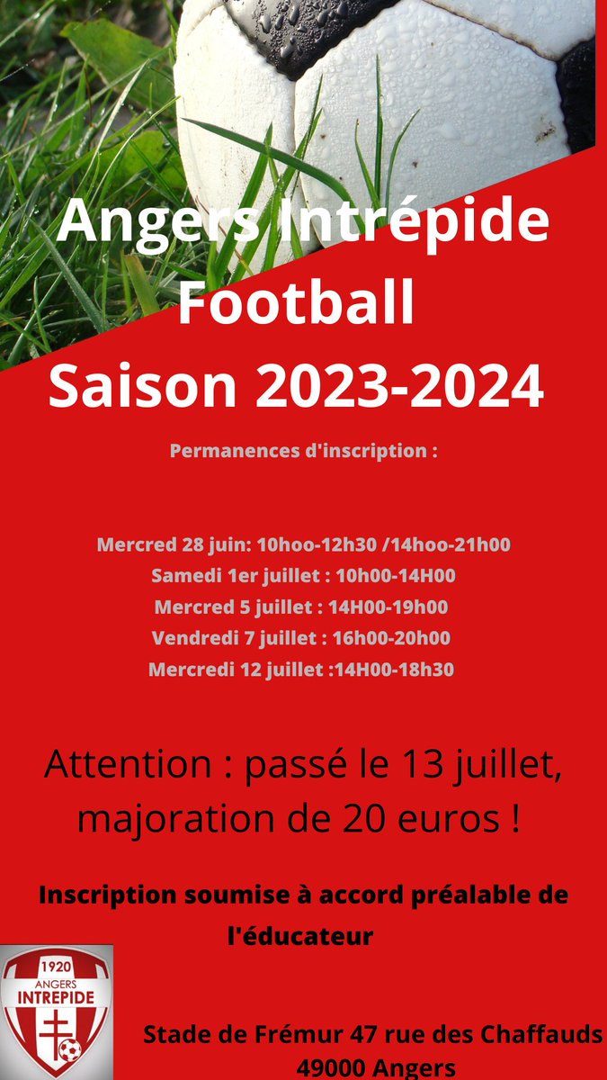 IntrpideAngersF's tweet photo. Inscriptions
RDV ce mercredi 28 juin de 10hoo-12h30 /14hoo-21h00
En attendant nous vous rappelons  la démarche à suivre :⚽
⏩Valider sa licence à partir du lien "Votre licence FFF"
⏩Venir au club lors d'une des permanences, compléter le dossier, régler et procéder à l'essayage. https://t.co/EReEDgTtwR
