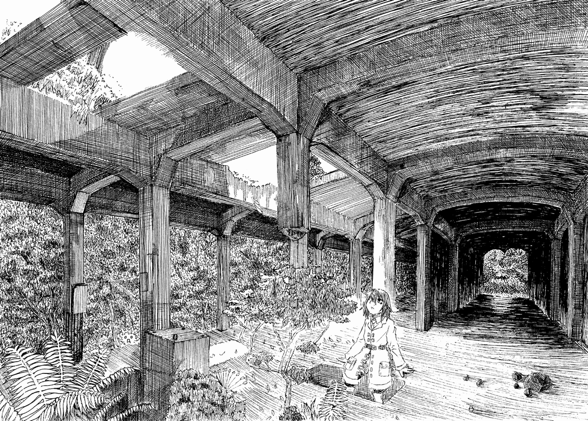 8,9年前の絵。 廃虚というのを表現するのにペン画を選んだのは良かったと思うし今見ても頑張ってると思う。 ただ一枚仕上げるのにあまりに時間がかかってコスパが悪かったり表現したいものとずれたので描かなくなった。またアーティストぶりたくなったらやるかもしれない。 #創作