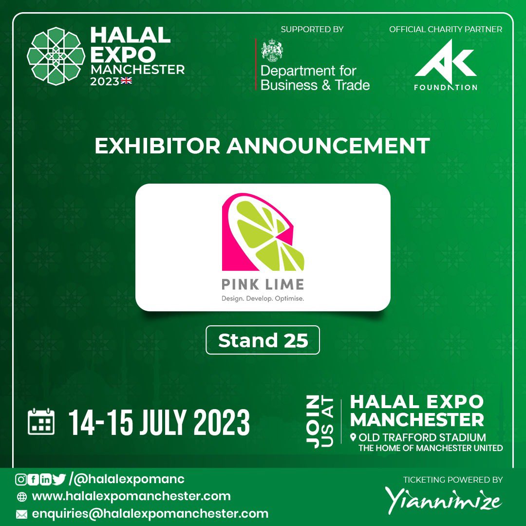 halalexpolondon's tweet photo. Come and meet Pink Lime Web Design at Halal Expo Manchester.

Book Your Free Tickets ⬇️
Book Your Stand ⬇️
Sponsorship Enquiries ⬇️
https://t.co/x3mkSroBSS

Email: enquiries@halalexpomanchester.com
Phone: +44 (0)7787 329 340

#halalexpomanchester #halalexpolondon #halaleconomy https://t.co/g36O1oPebf
