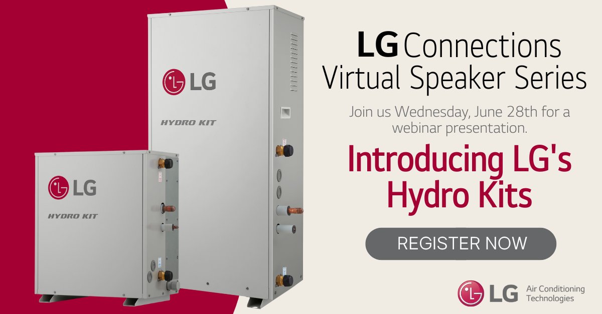 Join us tomorrow at noon! Learn more about how #LG's Hydro Kits improve performance, design, and #energyefficiency by using a refrigerant to water heat exchanger for building-wide hydronic heating and cooling solutions. Register now: lghvac.co/3qqAGsO.