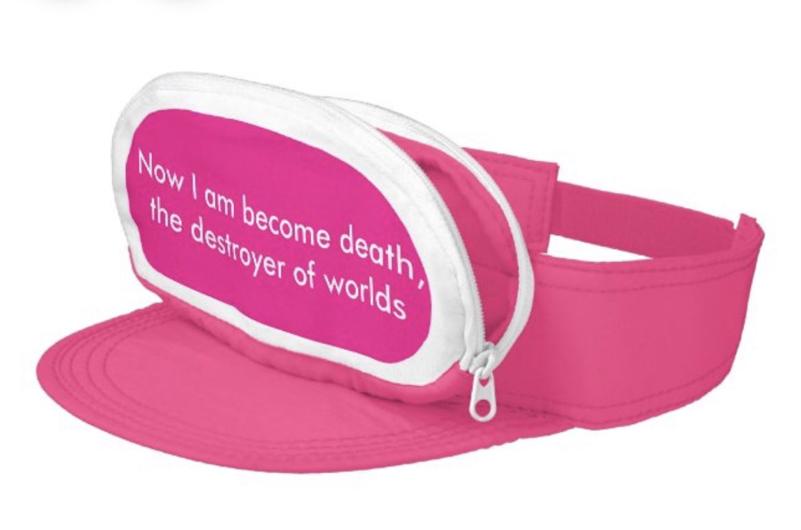 alineailinh's tweet photo. in 2016 I bought this custom “cap-sac” visor on zazzle as a bit &amp; cannot imagine any occasion this would be suited for besides the barbie/oppenheimer double premiere date that would occur years later https://t.co/805JsXskZS