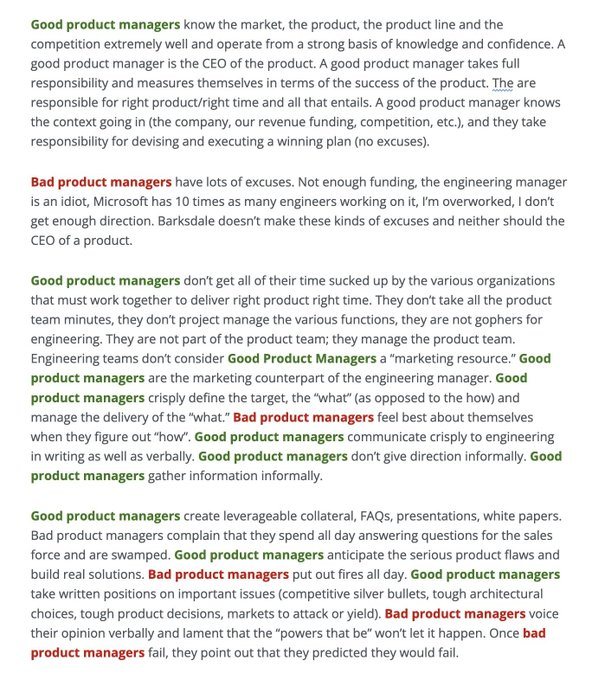 carlvellotti's tweet image. Every PM should save these 2 screenshots to their desktop.

@bhorowitz
's Good Product Manager / Bad Product Manager:

(15 years old and still ridiculously relevant.)