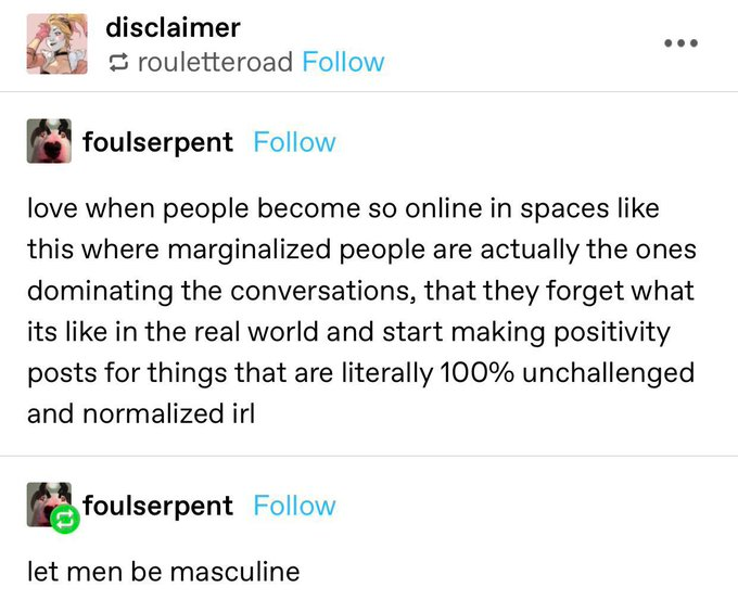 @vv3spa Congrats, you literally reinvented this post

Not to mention using literal fascist dogwhistles like 'forcibly feminize' and 'predatory' to refer to a guy being slightly less masculine than average lol