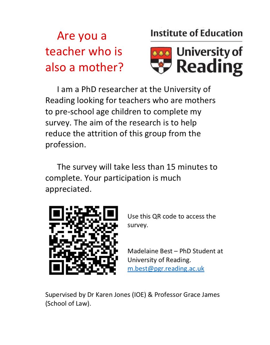 My PhD is investigating the experiences of teachers who are also mothers to pre-school children. 

Please help by sharing or completing my survey if you are eligible. 

Survey link: reading.onlinesurveys.ac.uk/research-surve…