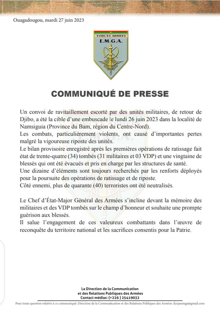 AdelpheKabore's tweet image. #BurkinaFaso : Plus de 40 terroristes tués et 34 soldats tombés dont 3 vdp dans la localité de Namisiguia dans le Centre Nord. 

#Iwili #EMGA #BurkinaFaso