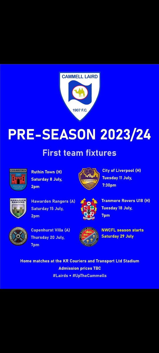 cammelllairdfc's tweet photo. Not long till Lairds are back at the KR Couriers & Transport Ltd Stadium 🐫
Admission Prices TBC
#LAIRDS #UPTHECAMMELLS https://t.co/QXjHs9UcBZ