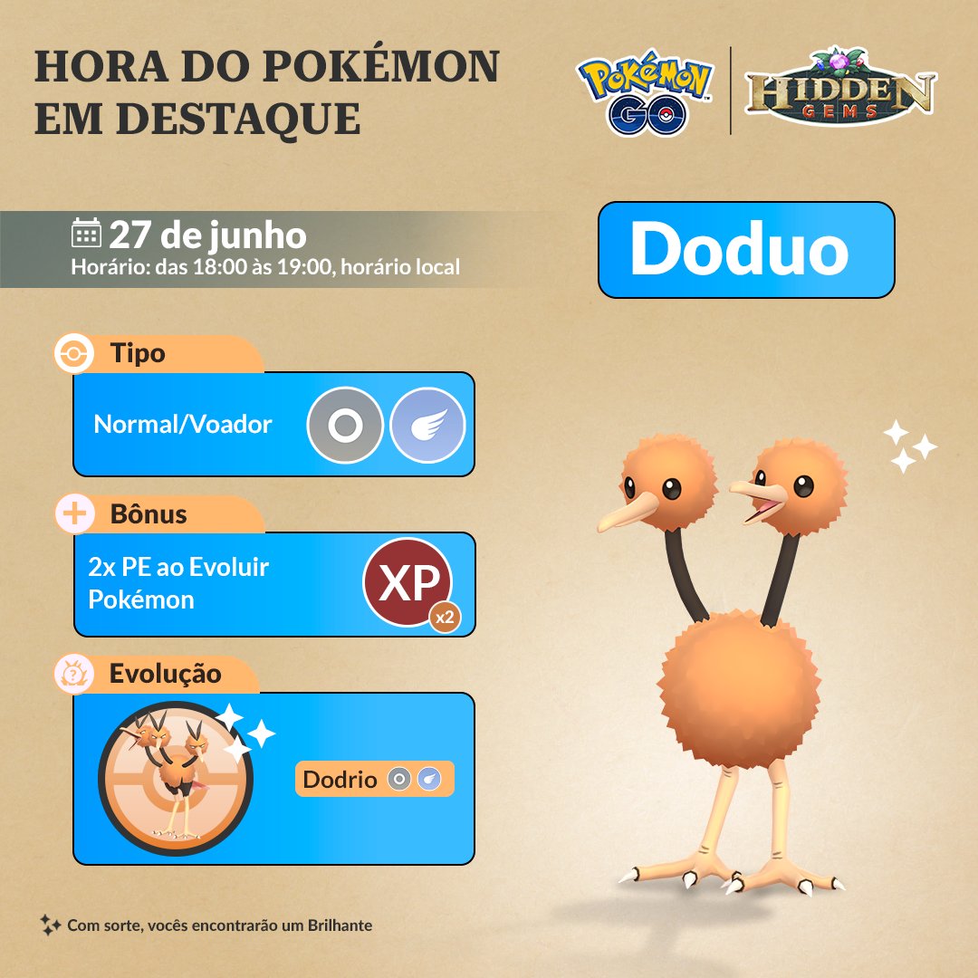 PokemonGOptBR's tweet photo. Duas cabeças batalham melhor do que uma, e se forem 3, é muito melhor!

Capturem Doduo na Hora do Pokémon em Destaque de hoje, das 18:00 às 19:00, horário local. E recebam o dobro de PE ao Evoluir Pokémon. https://t.co/RtVRWrLlIJ