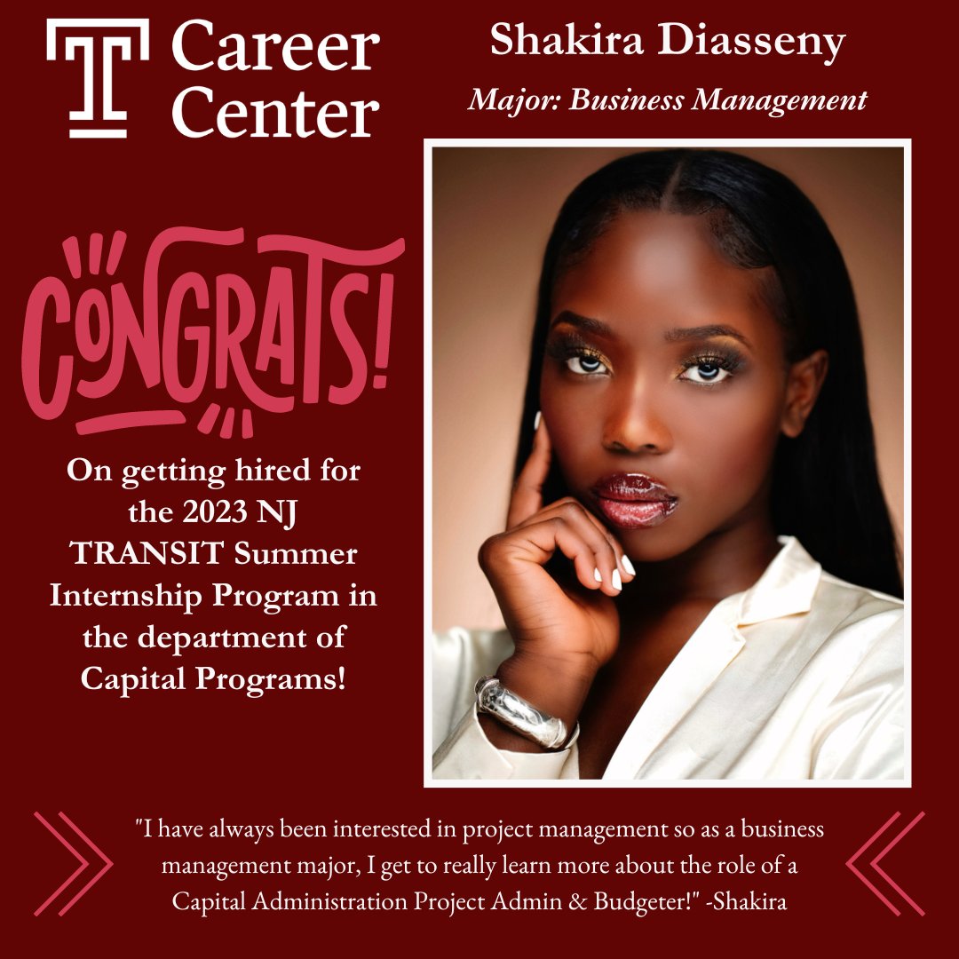 TempleCareers's tweet photo. Congratulations to Shakira Diasseny on getting hired for the 2023 NJ TRANSIT Summer Internship Program in the Department of Captial Programs! #TempleOwls #templemade #templeuniversity #templecareercenter #cherryon #ownyourfuture #careerdevelopment #careergoals #findyourpath https://t.co/lTDxT2uRF1