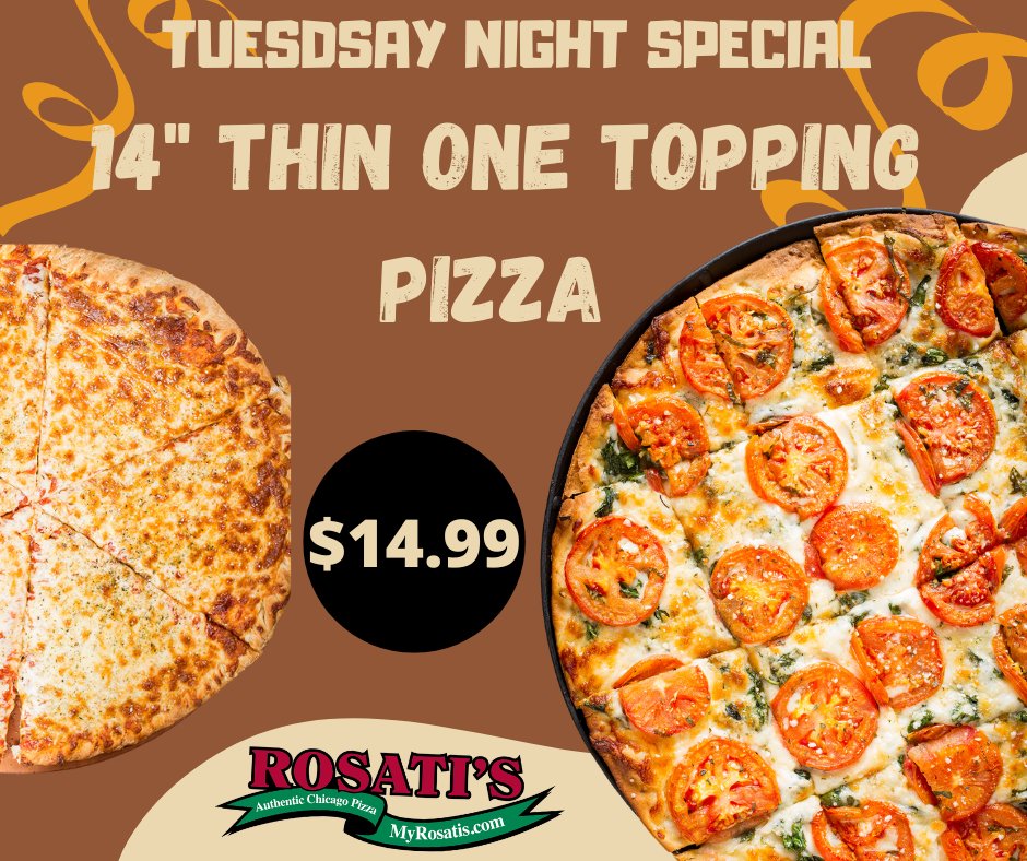 Tuesdays......Get a 14" Thin Crust 1 Topping Pizza 🍕 For only $14.99.
All day every Tuesday.