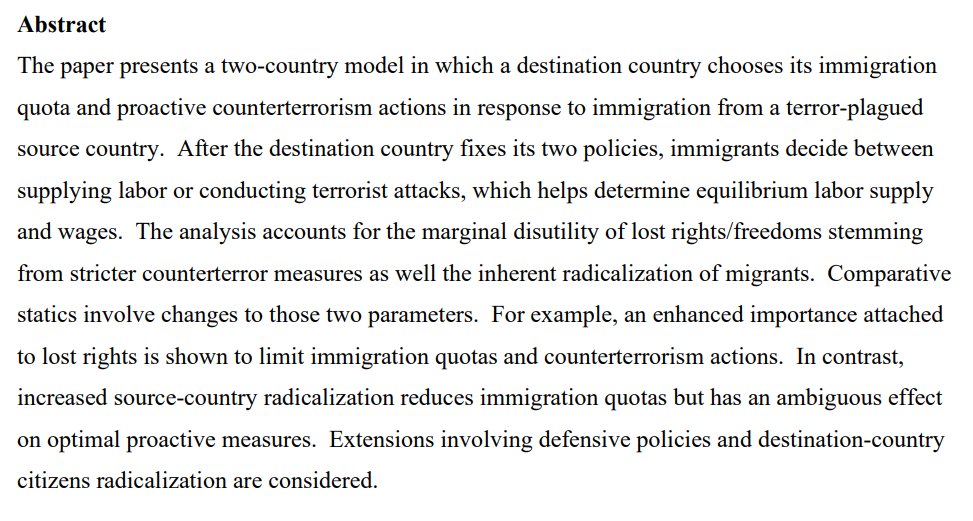 New working paper: 'Immigration from a terror-prone nation: destination nation’s optimal immigration and counterterrorism policies' by our economist Subhayu Bandyopadhyay and coauthors Khusrav Gailulloev (American U of Sharjah) and Todd Sandler (UTDallas) ow.ly/wbRv50OXvak