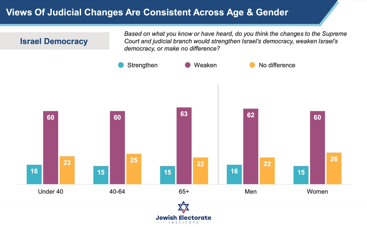 JewishVoters's tweet photo. In our 2023 National Survey Of Jewish Voters, Jewish voters across age and gender demographics believe proposed Israeli judicial changes would weaken Israel’s democracy. https://t.co/SLkWkmHGkv