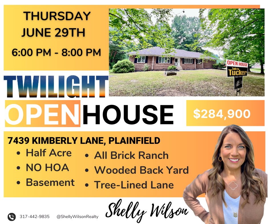 Join me THURSDAY EVENING at my TWILIGHT OPEN HOUSE at this terrific ALL BRICK Ranch Home!
📍 7439 Kimberly Lane
🛏 3 Bedrooms
🚿 2 Bathrooms
🌳 Beautiful wooded lot
#OpenHouse #homeforsale #plainfieldIndiana #visitindiana #avonindiana #visitindiana #letstalk #twilightopenhouse