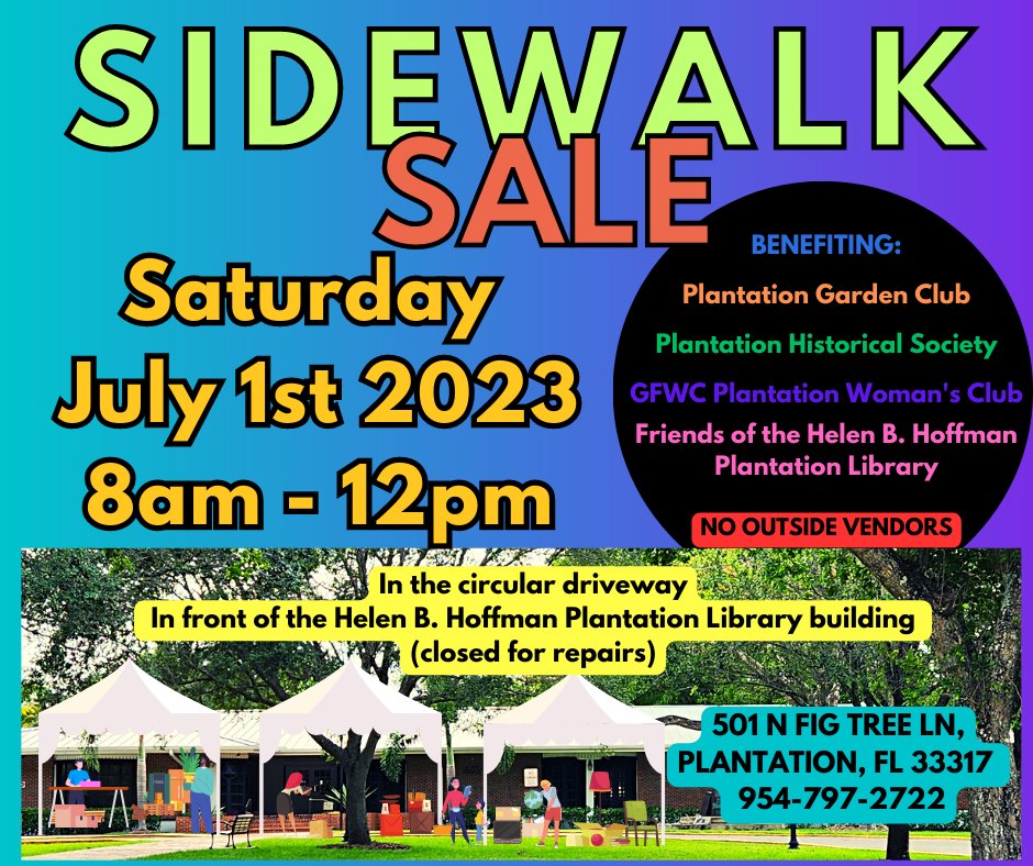 helenbhoffman's tweet photo. The Friends of the Library will have books, DVDs and puzzles for sale (cash payment only). Support the City of Plantation's clubs and volunteer organizations. Saturday, July 1, from 8 am to noon in the circle in front of the library building on Fig Tree Lane. https://t.co/t4IlflYAN8