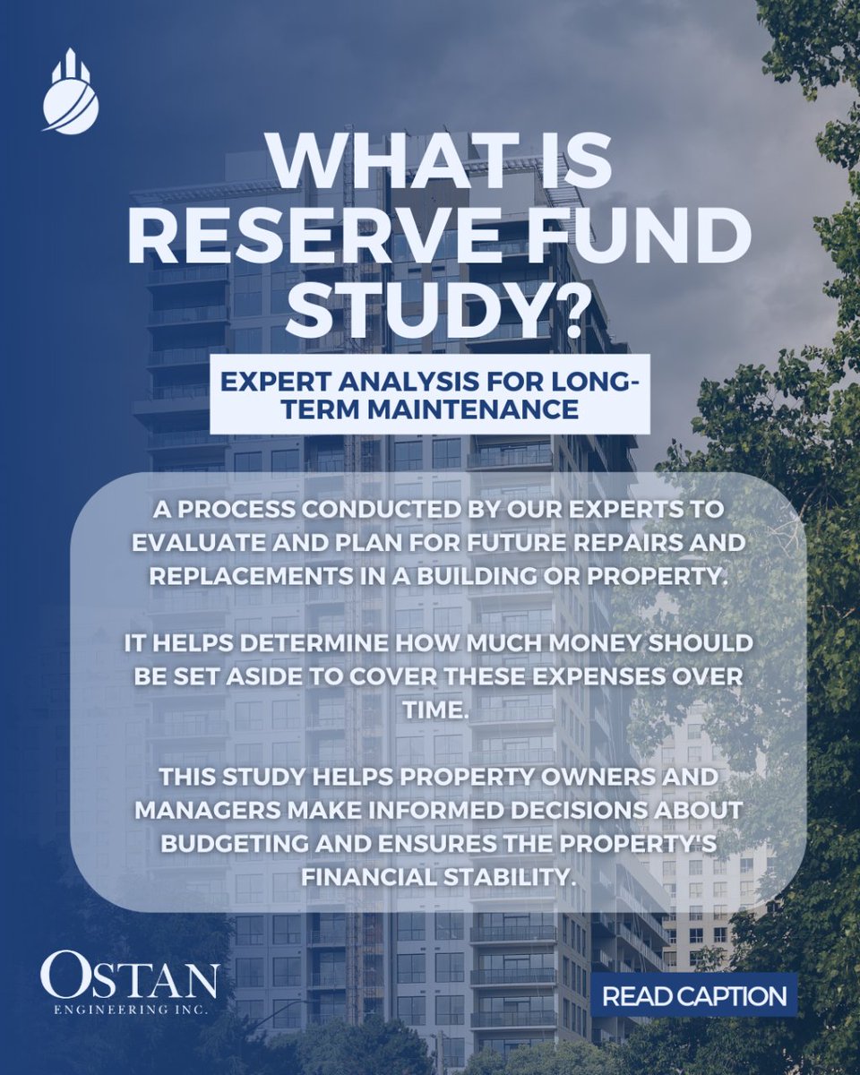 IncOstan's tweet image. ENSURE FINANCIAL STABILITY AND PROPER PLANNING FOR CONDOMINIUM CORPORATIONS WITH EXPERT RESERVE FUND STUDIES!

Discover how these studies assess common elements, estimate costs, and provide comprehensive reports for long-term maintenance. 

#ReserveFundStudies #OstanEngineering