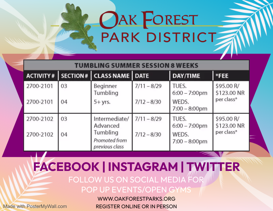 OakForestParks's tweet photo. Registration for our 8 week summer Gymnastics or Tumbling classes is open. All Tuesday night classes are almost full, claim your spot while you still can 📷 https://t.co/A35ZvU5jeB