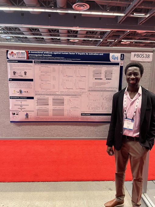 ChildrensPhila's tweet photo. This week, Dr. Francis Ayombil with the Camire Lab presented at #ISTH2023 on novel hemostatic antibody. #coagulation #hematology https://t.co/KLXI6Pecjb