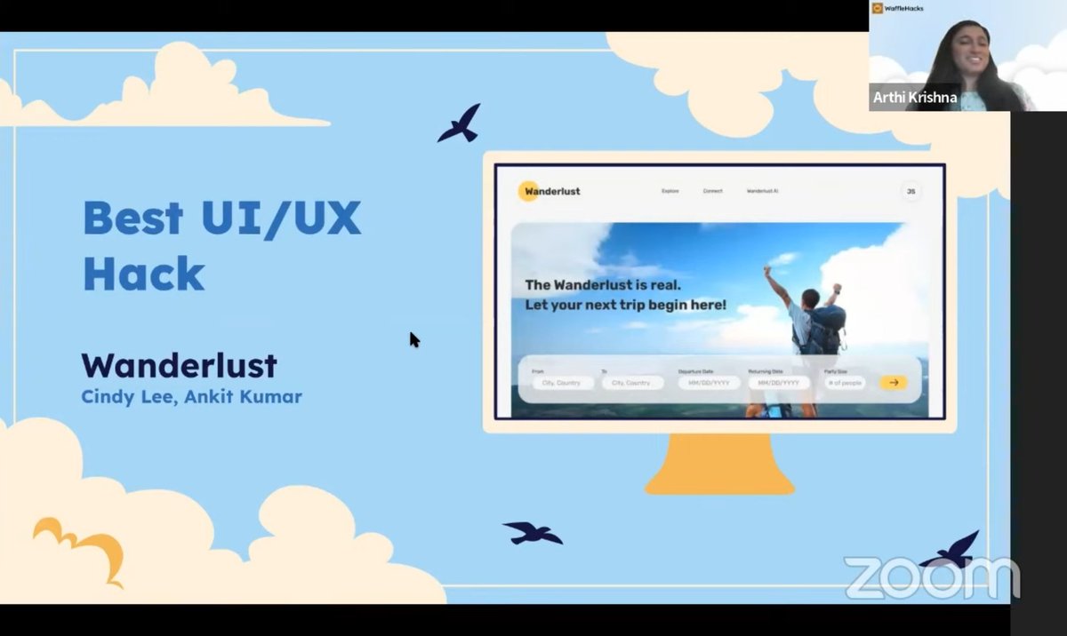 Ankit54493268's tweet photo. Wanderlust Project created by me and my teammate Cindy Lee Won the Best UI/UX Hack in #WaffleHacks 2023 🎉🎉 https://t.co/8gP0VAhDCy