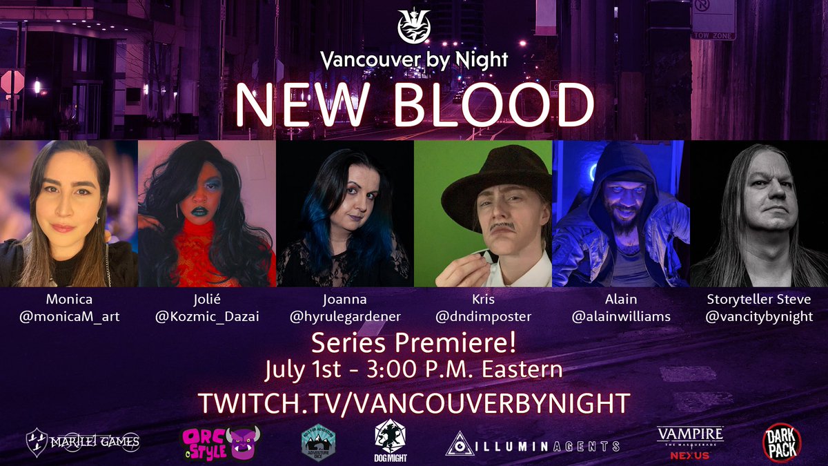 Join us this Saturday at Noon PST for the premiere episode of our new #vampirethemasquerade chronicle 

Vancouver by Night: New Blood

In a new and different Vancouver in the #worldofdarkness a coterie struggles with internal and external pressures.