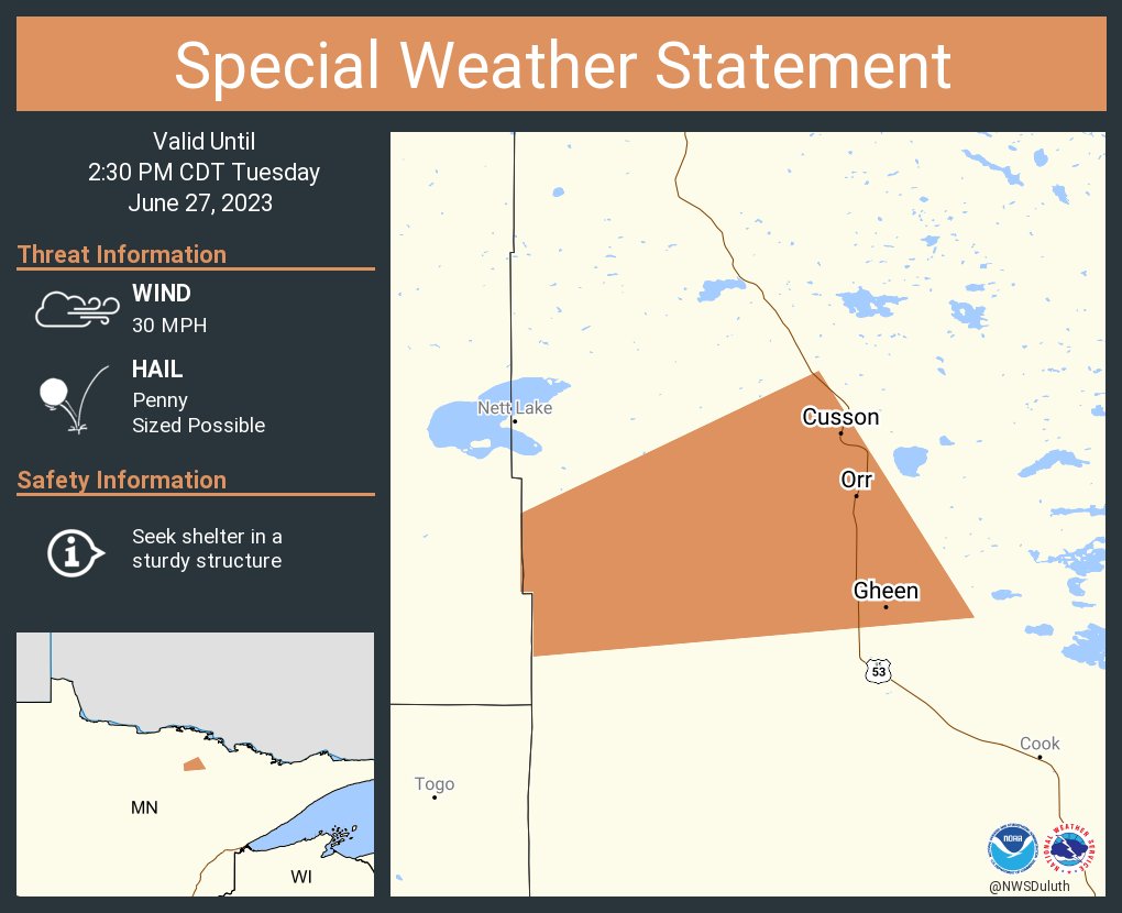 NWS Duluth on Twitter "A special weather statement has been issued for Orr MN, Cusson MN and