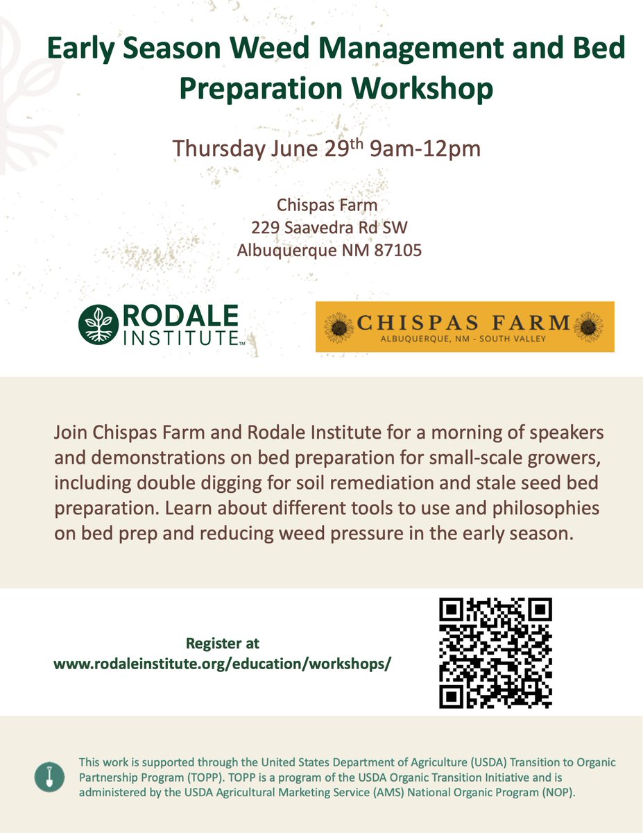 New Mexico farmers and ranchers, @RodaleInstitute, and Chispas Farm, are hosting an 'Early Season Weed Management and Bed Preparation' workshop on Thurs, June 29th, from 9 am-12 pm MST. For more info or to register for this event, use the following link; lnkd.in/gEgeJjpS